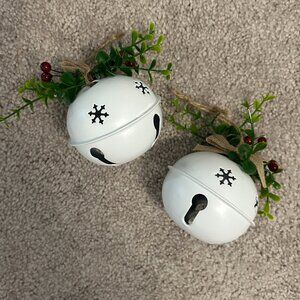 Set of 4 White Christmas Bell Ornaments with Greenery & Berries